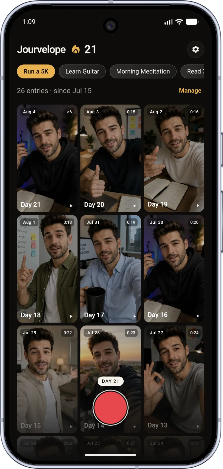 The Jourvelope home screen showing a 21-day streak and a grid of daily video journal entries for the Run a 5K journey