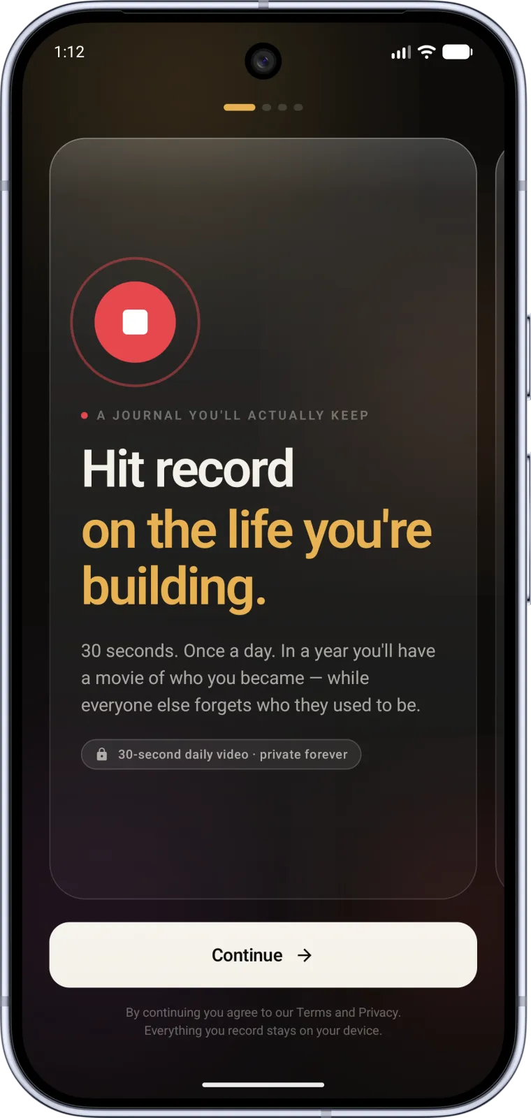 Jourvelope onboarding screen: hit record on the life you're building