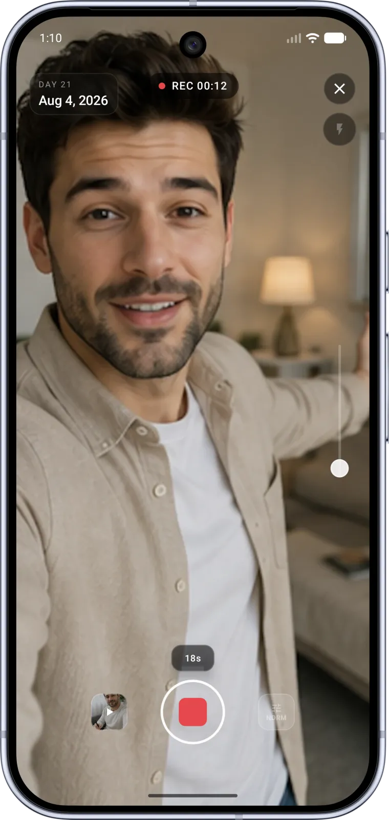 Jourvelope recording a 30-second daily video diary entry with the countdown timer running